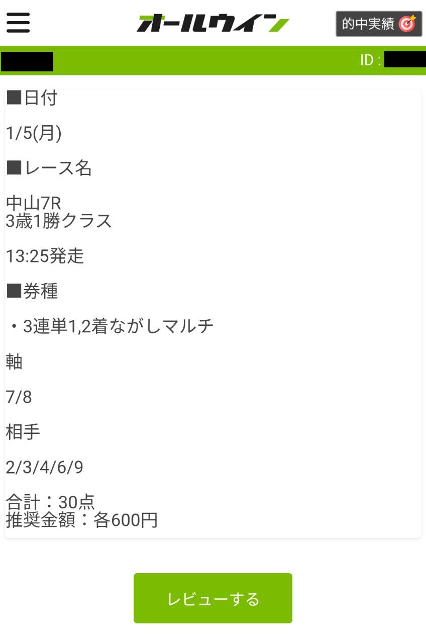 オールウィンのチェックメイト買い目