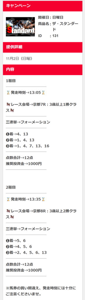 競馬タイムのザスタンダード買い目