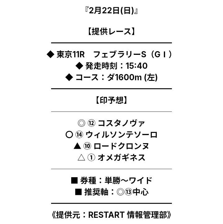 リスタートのフェブラリーステークス買い目