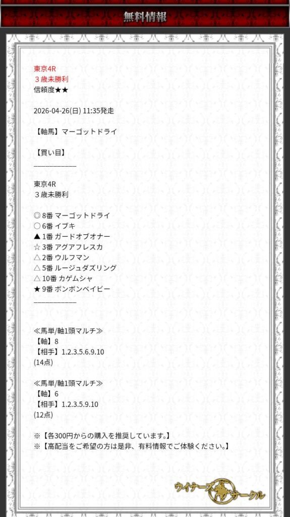 ウィナーズサークルの無料情報買い目